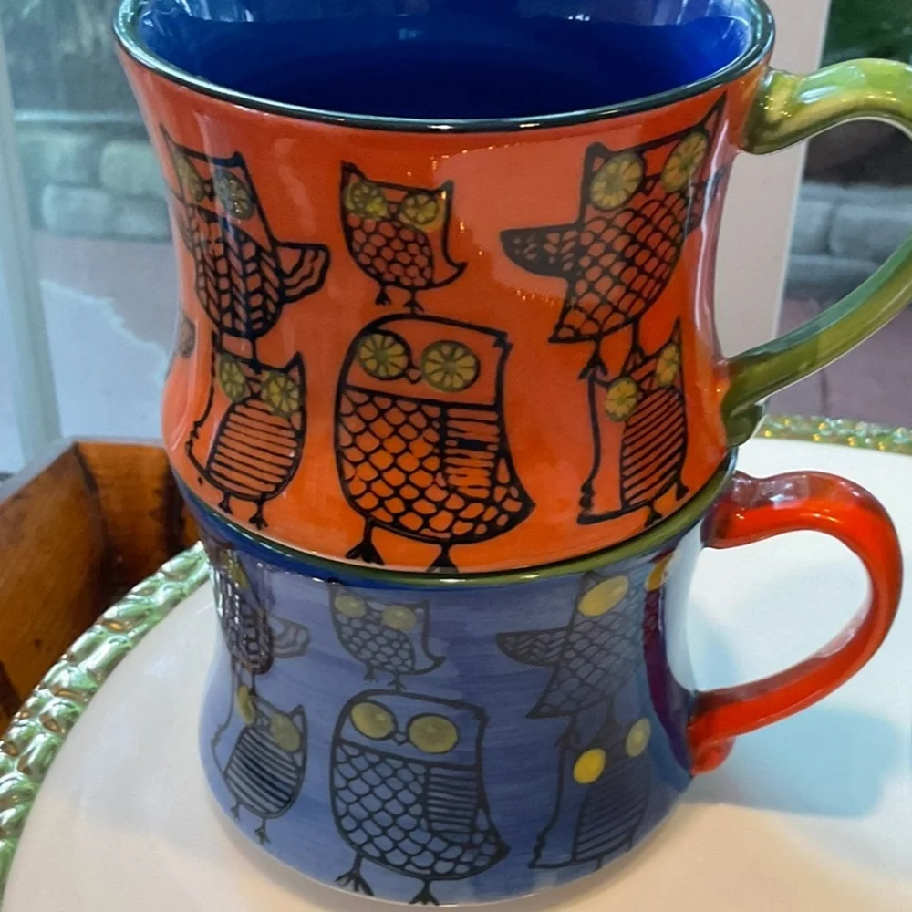 Pier 1 Stackable Colorful Owl Coffee Mugs 4 Total
